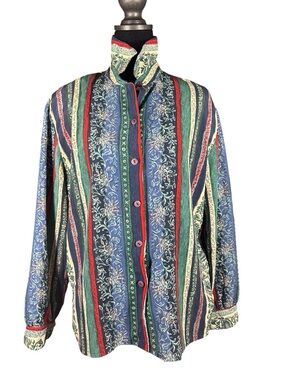 Vintage Alia Petite Paisley Stripe Button Down Shirt Size 12P Jewel Tones
